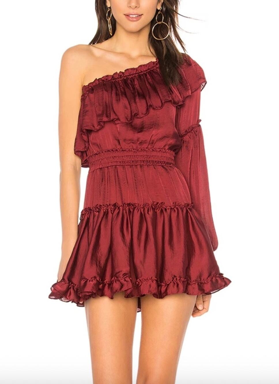 MISA Los Angeles Mini Dress Lucien Cranberry One Shoulder Satin Ruffle